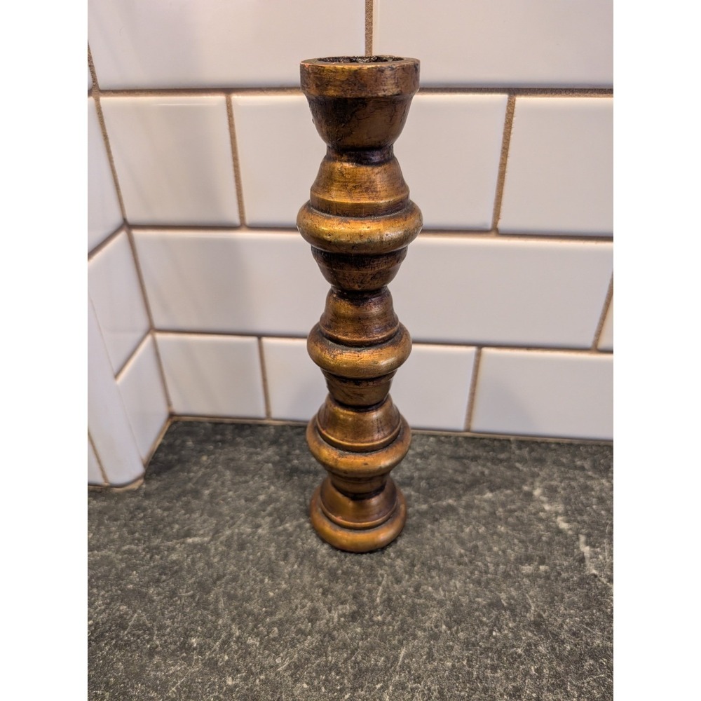 Vintage Gilt Gold Spindle Wood Candlestick Holder Hand Turned 10.5 Inch Antique
